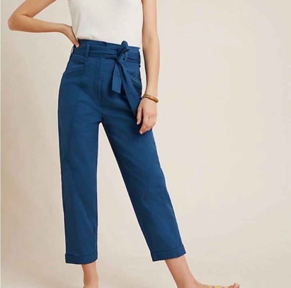 Anthropologie Ellie Embroidered Utility High Waisted Paperbag Pants Teal Size 10